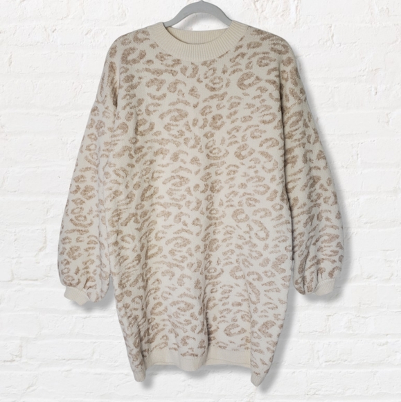 Vici Dresses & Skirts - VICI Tan Cream Leopard Print Balloon Sleeve Crew Neck Sweater Dress Medium